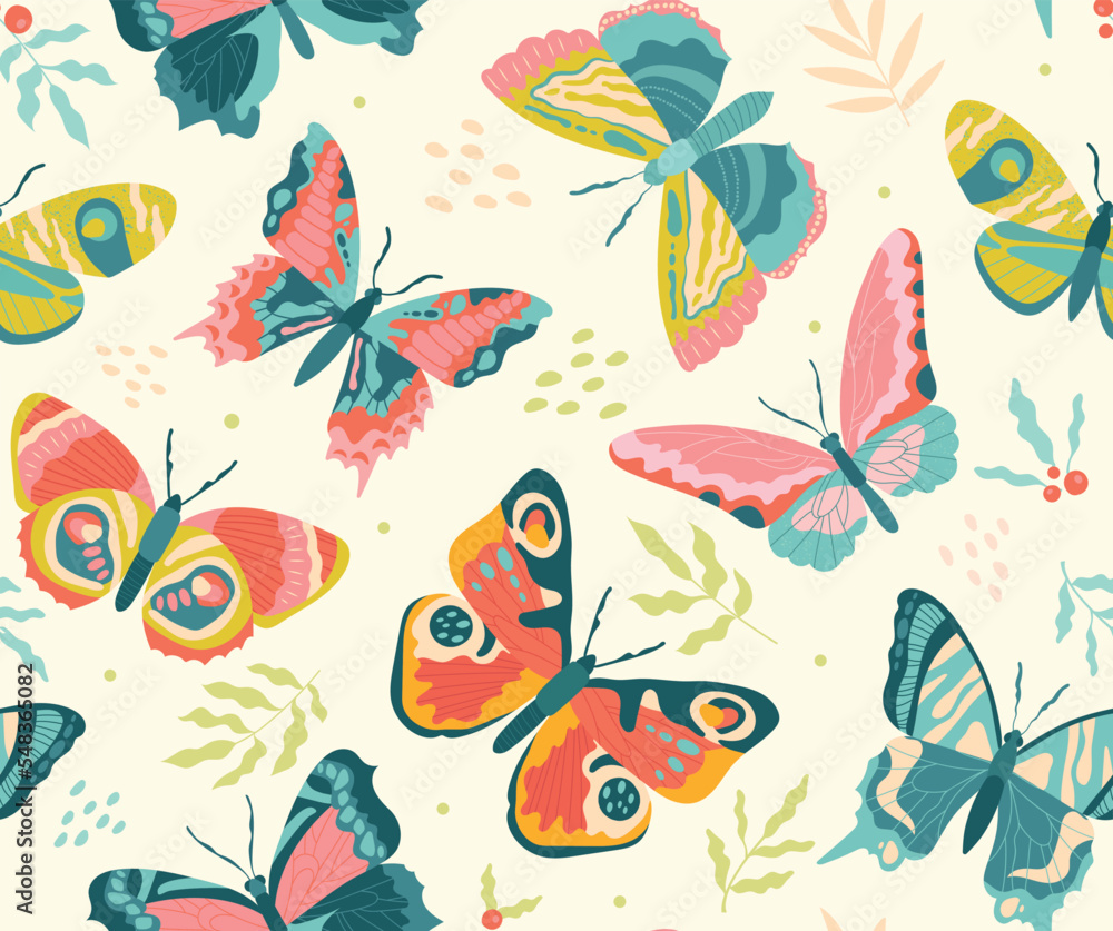Butterflies seamless pattern. Repeating design element for printing on fabric. Colorful insects, fauna, flora and nature. Aesthetics and elegance. Spring symbol. Cartoon flat vector illustration Butterflies seamless pattern. Repeating design element for printing on fabric. Colorful insects, fauna, flora and nature. Aesthetics and elegance. Spring symbol. Cartoon flat vector illustration