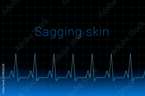 Sagging skin disease. Sagging skin logo on a dark background. Heartbeat line as a symbol of human disease. Concept Medication for disease Sagging skin.