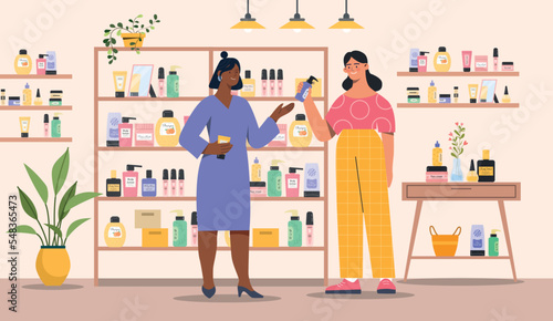 Cosmetic store concept. Woman in supermarket with cosmetics. Buyer and seller, advertising poster or banner for website. Health and skin care, routine and hygiene. Cartoon flat vector illustration