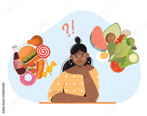 Food choice concept. Young girl compares fast food and natural and organic products. Vegetarian diet and proper nutrition. Active lifestyle and fitness metaphor. Cartoon flat vector illustration