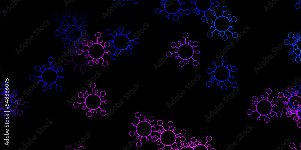 Dark pink, blue vector pattern with coronavirus elements.