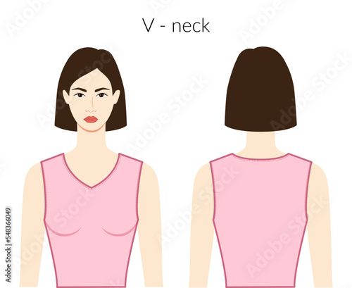V - neckline clothes character beautiful lady in pink top, shirt, dress technical fashion illustration with fitted body. Flat apparel template front, back sides. Women, men unisex CAD mockup