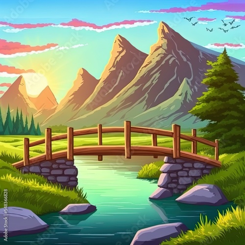 Beautiful suncartoon style cartoon nature landscape, wooden bridge over the river, green field with grass and rocks under vibrant sky with sun go down the rock peaks. scenery background, 2d illustrate