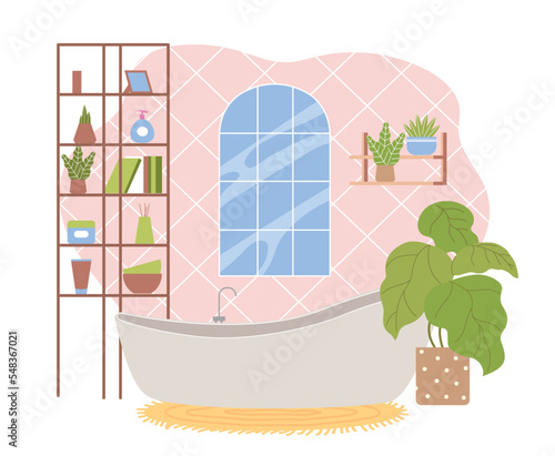 Interior in Scandinavian style. Minimalistic bathroom with large bathtub, wooden shelving with shelves, green plant and beauty products. Cartoon flat vector illustration isolated on white background