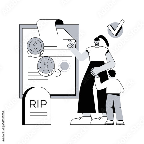 Survivors benefit abstract concept vector illustration. Social security administration, family member die, worker income, death certificate, grieving spouse, application form abstract metaphor.