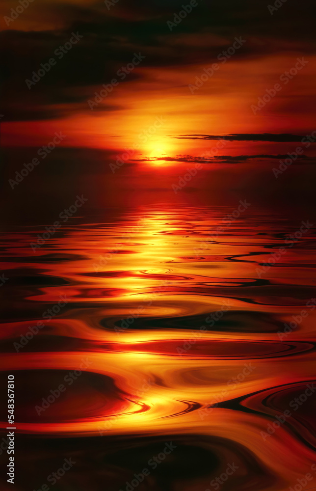Orange dawn or dusk over oily water