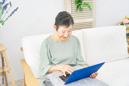 家でパソコンを使う高齢者女性