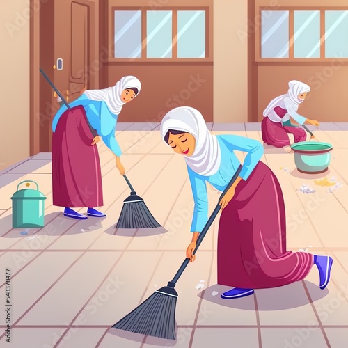Illustration Of Muslim Women Cleaning The Floor