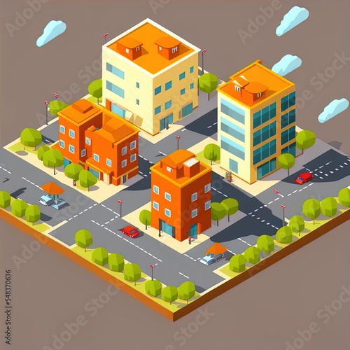 Townhouse Buildings Isometric Composition With Modern City Block Scenery With Group Of Houses And Location Sign