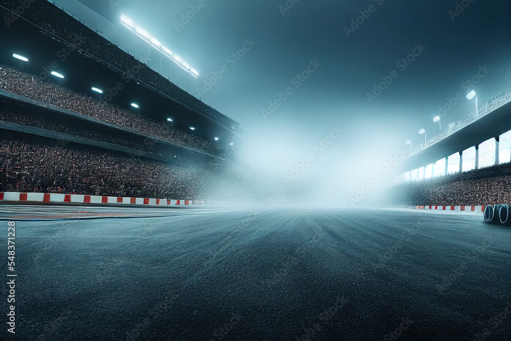 Race Track Arena with Spotlights. Empty Racing track with grandstands, shooting in the middle of the racing track and starting point. 3d render	 - obrazy, fototapety, plakaty 