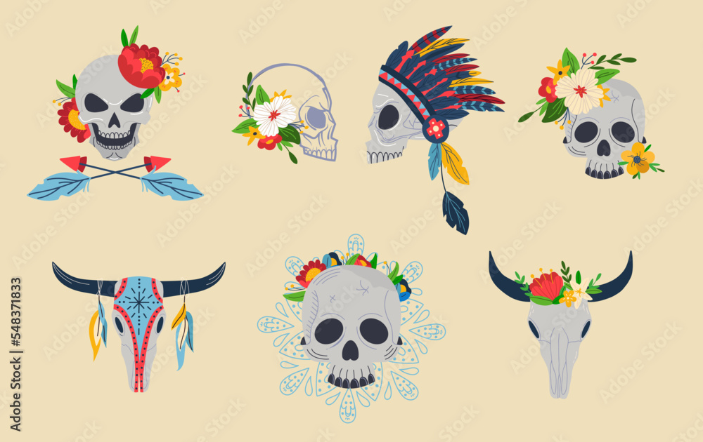 Fototapeta premium Skull with flower decoration, vector illustration, mexican death symbol, isolated on white skeleton set with war bonnet, dead head with floral crown.