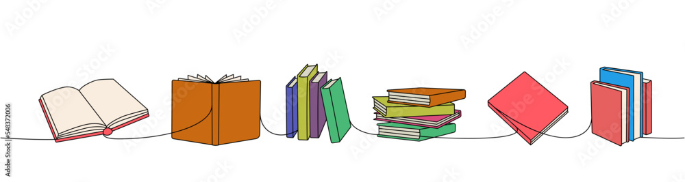 Open and closed books one line colored continuous drawing. Bookstore, library continuous one line colorful illustration. Vector linear illustration. Open and closed books one line colored continuous drawing. Bookstore, library continuous one line colorful illustration. Vector linear illustration.