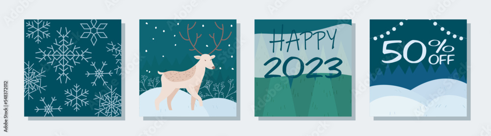 Fototapeta premium Thematic image of winter discounts. Christmas and New Year sale and low prices 50% off. Set of vector elements: christmas tree, snow, gifts, santa, santa claus, toys, decorations