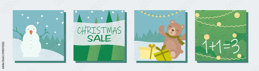 Fototapeta premium Thematic image of winter discounts. Christmas and New Year sale and low prices 50% off. Set of vector elements: christmas tree, snow, gifts, santa, santa claus, toys, decorations