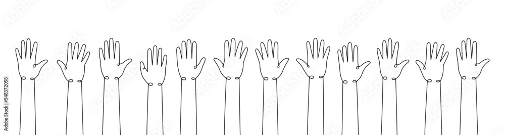 Fototapeta premium Hands up one line continuous drawing. Collaboration, solidarity continuous one line illustration. Vector minimalist linear illustration.