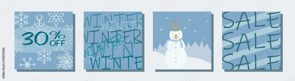 Thematic image of winter discounts. Christmas and New Year sale and low prices 50% off. Set of vector elements: christmas tree, snow, gifts, santa, santa claus, toys, decorations