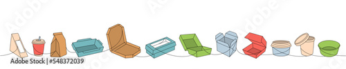 Takeaway cardboard boxes one line colored continuous drawing. Empty cardboard boxes, bags for takeaway food continuous one line colorful illustration.