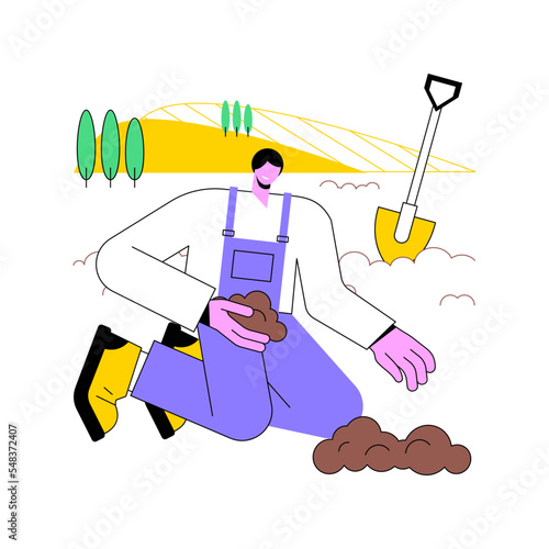 Soil management isolated cartoon vector illustrations. Farmer controls soil on field, modern agriculture, organic farming industry, greenhouse land, using fertilizer vector cartoon.