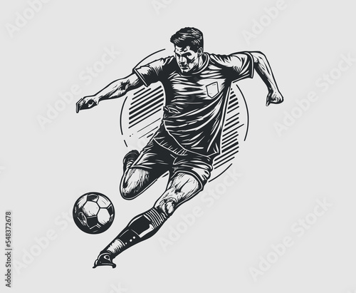 Soccer Player Kicking Ball Vector Illustration. Football Player Sketch Style Design.