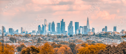 Sunset over London, a panoramic view on UK capital, the mixture of modern, classical and business architecture