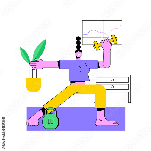 Home fitness isolated cartoon vector illustrations. Girl in sportswear doing fitness and watching video training via laptop, workout exercise at home, healthy and active lifestyle vector cartoon.