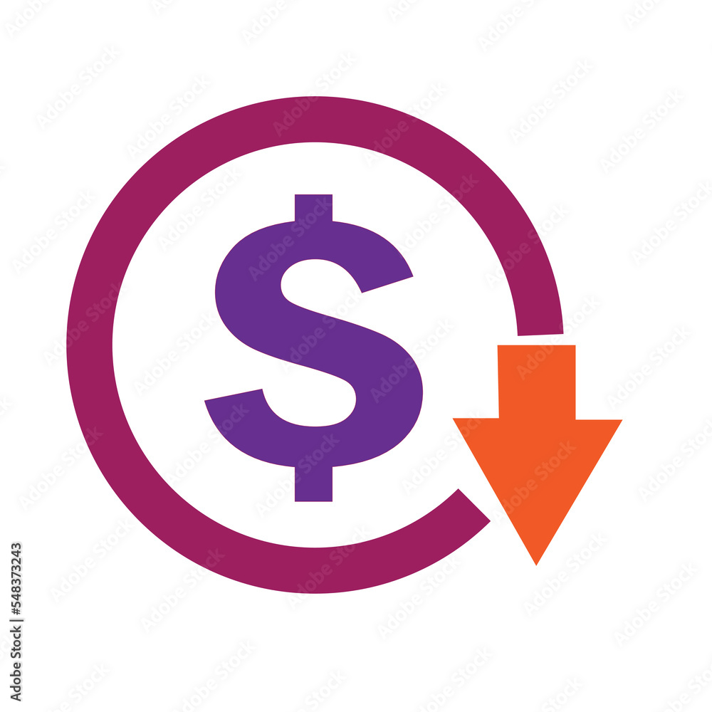 Dollar down icon. Cost reduction icon. Vector. Isolated. Dollar down icon. Cost reduction icon. Vector. Isolated.