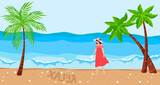 Lonely beautiful girl in a red dress walks along the sea or ocean young woman character walking at sand, holiday travel at summer paradise vector illustration