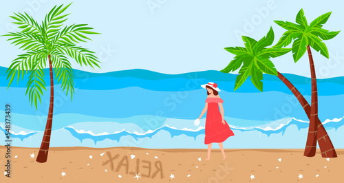 Lonely beautiful girl in a red dress walks along the sea or ocean young woman character walking at sand, holiday travel at summer paradise vector illustration