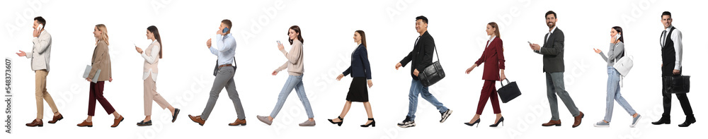 Collage with photos of people wearing stylish outfit walking on white background. Banner design Collage with photos of people wearing stylish outfit walking on white background. Banner design