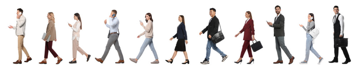 Collage with photos of people wearing stylish outfit walking on white background. Banner design