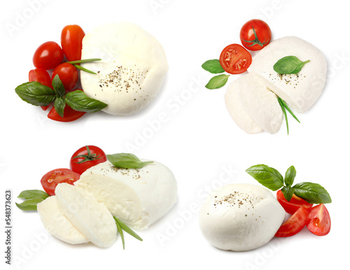 Set with delicious mozzarella, fresh tomatoes and basil on white background