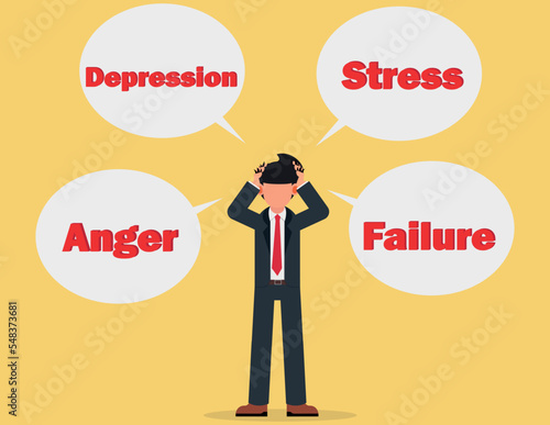 Sad business man overburdened by stress, depression, anger, failure. Entrepreneur business person negative emotions burden nd problems