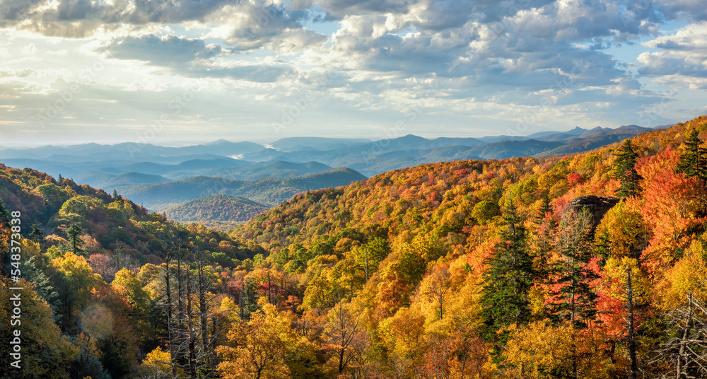 Blue Ridge Parkway National Park with the morning sun on Grandfather Mountain - North Carolina - Autumn