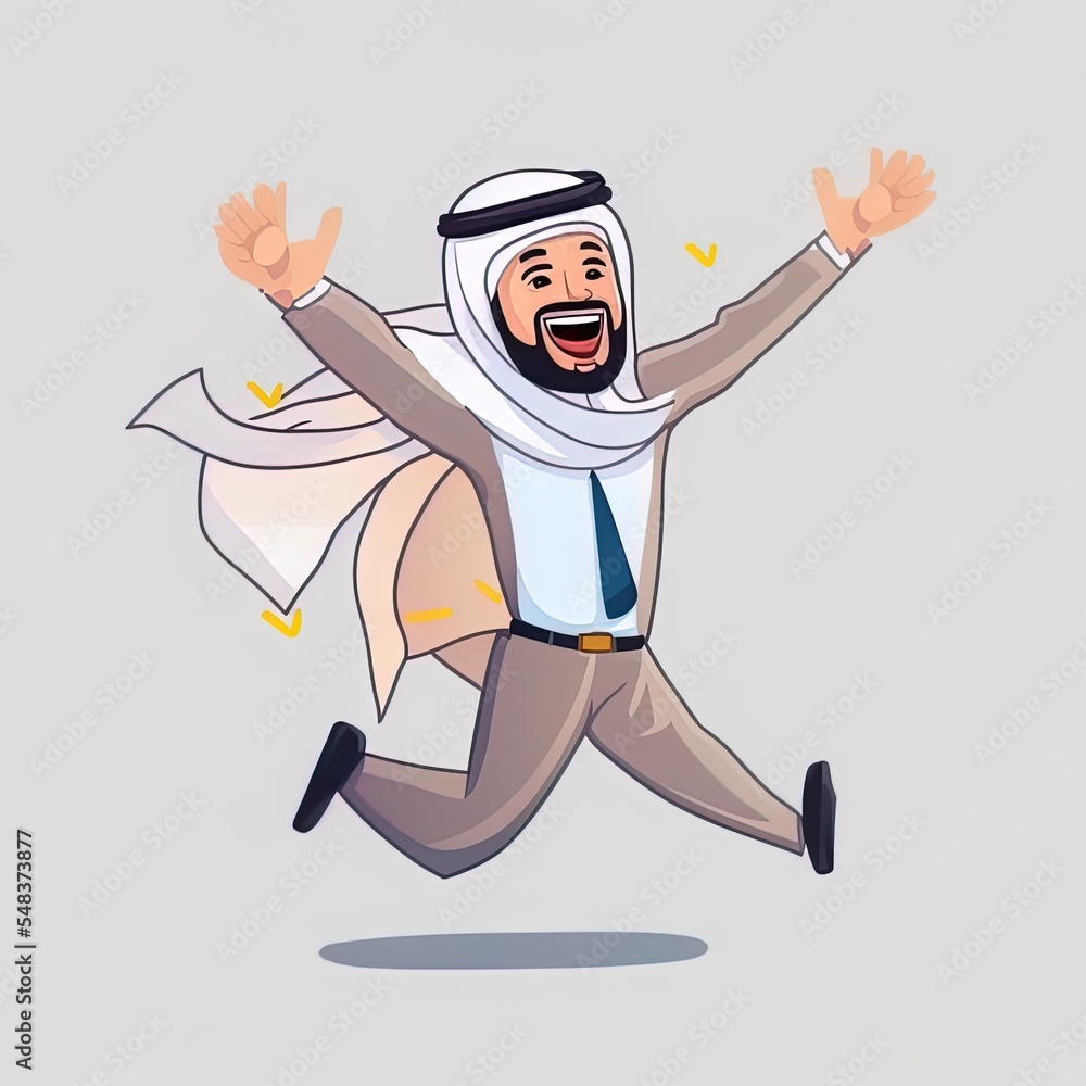 Business Flat Cartoon Style Drawing Happy Arab Businessman Jump With Folds One Leg And Raise One Hand Manager Celebrate Success Of Increasing Company Product Sales Graphic Design 2D Illustrated Business Flat Cartoon Style Drawing Happy Arab Businessman Jump With Folds One Leg And Raise One Hand Manager Celebrate Success Of Increasing Company Product Sales Graphic Design 2D Illustrated