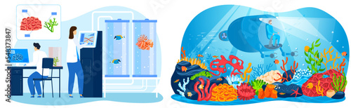 Underwater sea research, vector illustration, flat man character use aquatic equipment to explore marine nature, modern submarine in deep ocean
