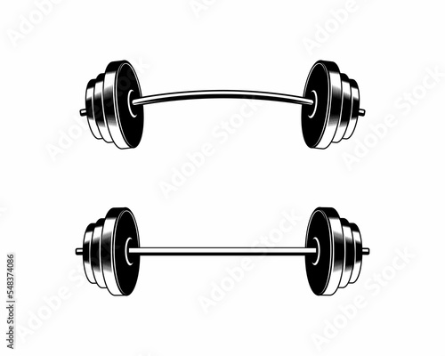Illustration of barbell engraving style. Design element for logo, emblem, sign, poster, card, banner. Vector illustration