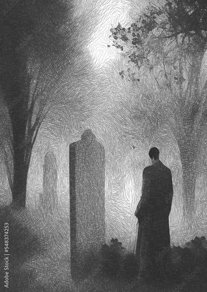 black and white of man in tomb land black and white of man in tomb land
