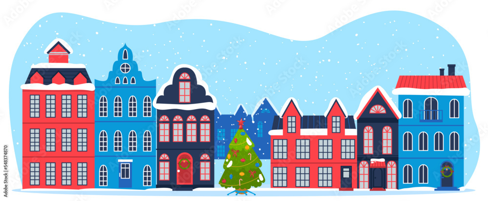 Celebration christmas, winter cityscape, happy holiday, joyful snowy day outdoors, design cartoon style, vector illustration.