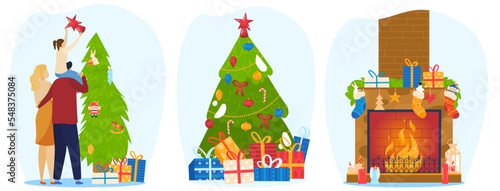 Merry christmas celebration, pleasant surprise, traditional new year decorations, joyful family, flat style, vector illustration.