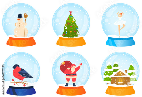 Christmas gifts, glass snow globe, pleasant surprise for holiday, design cartoon style vector illustration, isolated on white.