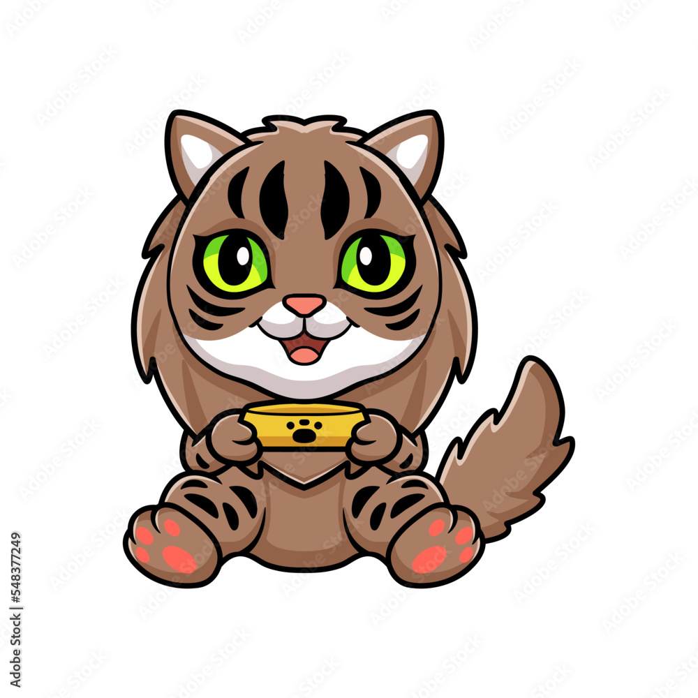 Cute siberian cat cartoon holding food bowl Cute siberian cat cartoon holding food bowl