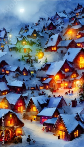 In the picture, there is a village with houses made of gingerbread and candy. The roofs are covered in snow and there are Christmas lights everywhere. Santa Claus is standing in the middle of the vill