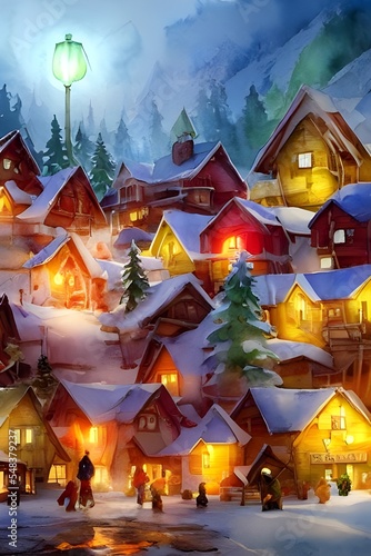 I see a festive scene; it looks like Santa's village! There are houses made of gingerbread, with candy canes and gumdrops adorning them. In the center of the village is a tall Christmas tree, decorate