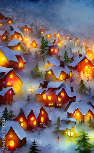 In the distance, you can see a group of colourful houses. They are all different sizes and shapes, but each has a large chimney. You know this is Santa Claus village because of the many elves milling 