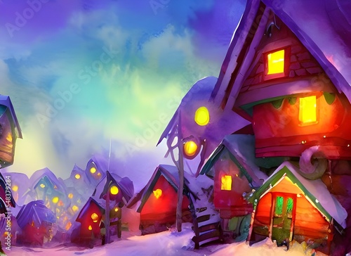 I see a quaint little village with houses made of gingerbread and candy. The streets are lined with snow and there is a big clock tower in the center of town. All around me I hear the sound of laughte