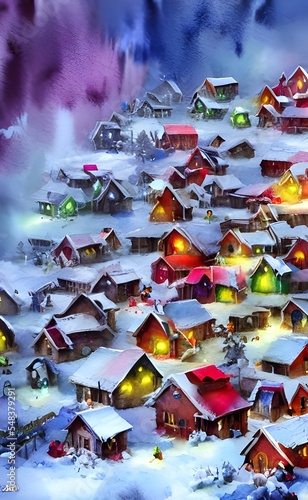 In the distance, there is a village with twinkling lights and smoke billowing from chimneys. It's Santa Claus' village! photo