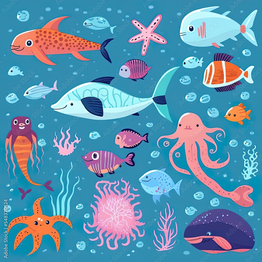 Flat cute underwater sea animals and different fish