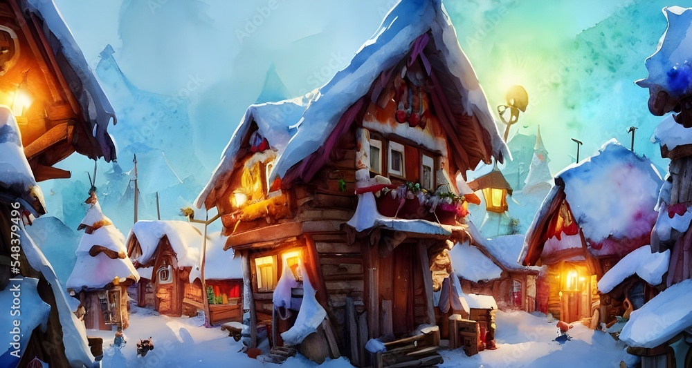 The sun is shining down on Santa Claus village, where all the houses and shops are covered in snow. In the centre of the village there is a big Christmas tree, and all around it are presents that have - obrazy, fototapety, plakaty 