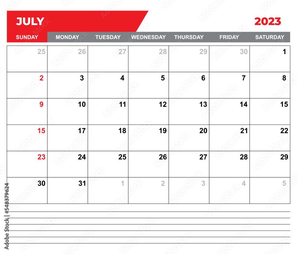 July 2023 Calendar July 2023 Calendar Vector Illustration Wall Desk