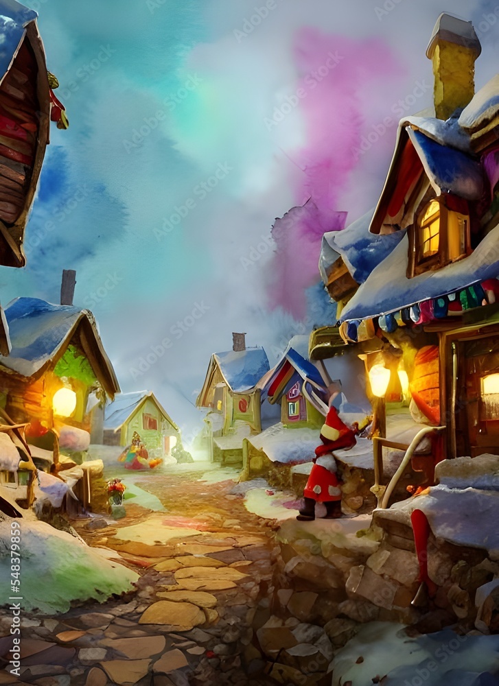In the picture, there is a village with houses made of candy and gingerbread. The roofs are covered in snow and there are Christmas trees everywhere. Santa Claus is in the center of the village, surro